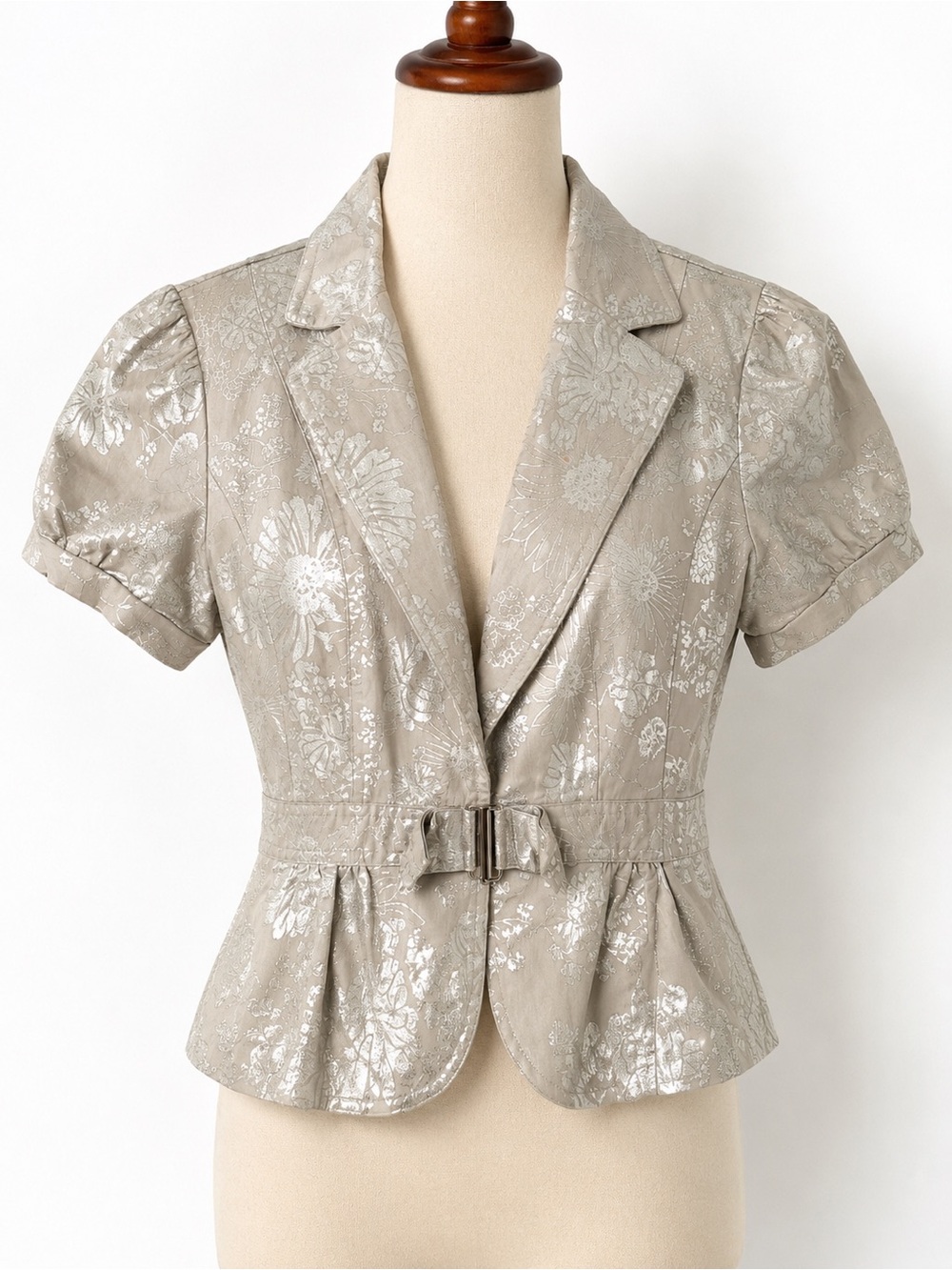 Silver Floral Brocade Peplum Blazer Belted Puff Sleeve Y2K Size S